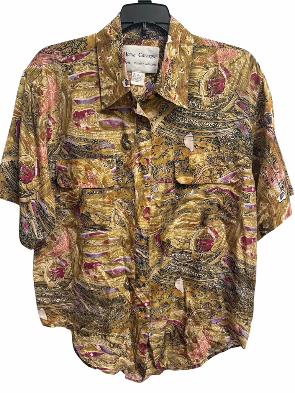 VTG Hattie Carnegie Silk Blouse Shirt 80s 90s Women's Abstract Art Button Down M